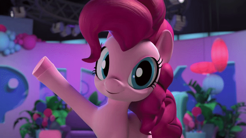 Size: 800x450 | Tagged: safe, derpibooru import, screencap, gummy, pinkie pie, alligator, earth pony, hello pinkie pie, 3d, animated, catapult, chair, cupcake, drum kit, drums, food, food on face, furniture, gif, musical instrument, pinkie pie's diy life hacks, running, stage light, studio, suprise attack, surprised