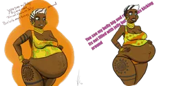 Size: 1920x960 | Tagged: abstract background, alternate hairstyle, art improvment, artist:dragon-storm, before and after, belly, belly button, big belly, breasts, busty zecora, cleavage, cutie mark on human, dark skin, derpibooru import, female, huge belly, human, humanized, impossibly large belly, pregnant, simple background, smiling, solo, solo female, suggestive, transparent background, zecora