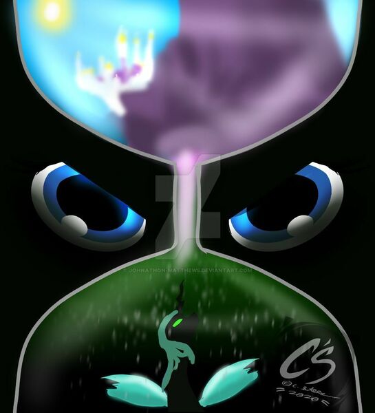 Size: 900x990 | Tagged: artist:johnathon-matthews, canterlot, changeling, commission, cover art, derpibooru import, deviantart watermark, fanfic, fanfic art, fanfic cover, obtrusive watermark, queen chrysalis, safe, watermark