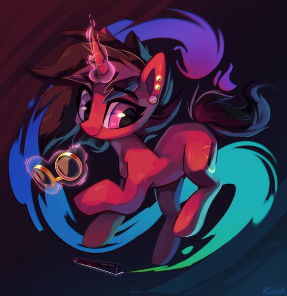 Size: 2390x2470 | Tagged: safe, artist:kaleido-art, artist:paintedkaleido, derpibooru import, oc, oc:rubellite, unofficial characters only, pony, unicorn, abstract background, commission, ear piercing, earring, female, goggles, high res, jewelry, mare, piercing, smiling, solo