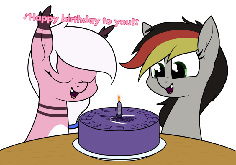 Size: 1762x1228 | Tagged: safe, artist:moonatik, derpibooru import, oc, oc:anja snow, oc:bipen, bat pony, pegasus, pony, bat pony oc, bat wings, birthday, birthday cake, cake, candle, commission, food, pegasus oc, simple background, transparent background, wings