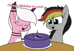 Size: 1762x1228 | Tagged: safe, artist:moonatik, derpibooru import, oc, oc:anja snow, oc:bipen, bat pony, pegasus, pony, bat pony oc, bat wings, birthday, birthday cake, cake, candle, commission, food, pegasus oc, simple background, transparent background, wings