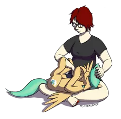Size: 1185x1166 | Tagged: safe, artist:skydreams, derpibooru import, oc, oc:summer ray, human, pegasus, pony, barefoot, belly rubbing, feet, female, glasses, human female, human on pony petting, human on pony snuggling, mare, painted nails, petting, self portrait, simple background, snuggling, transparent background