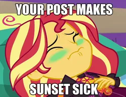 Size: 932x720 | Tagged: safe, derpibooru import, edit, edited screencap, editor:shyinka, screencap, sunset shimmer, equestria girls, equestria girls series, wake up!, spoiler:choose your own ending (season 2), spoiler:eqg series (season 2), caption, cropped, image macro, meme, reaction image, sick, solo, sugar crash, text, wake up!: pinkie pie