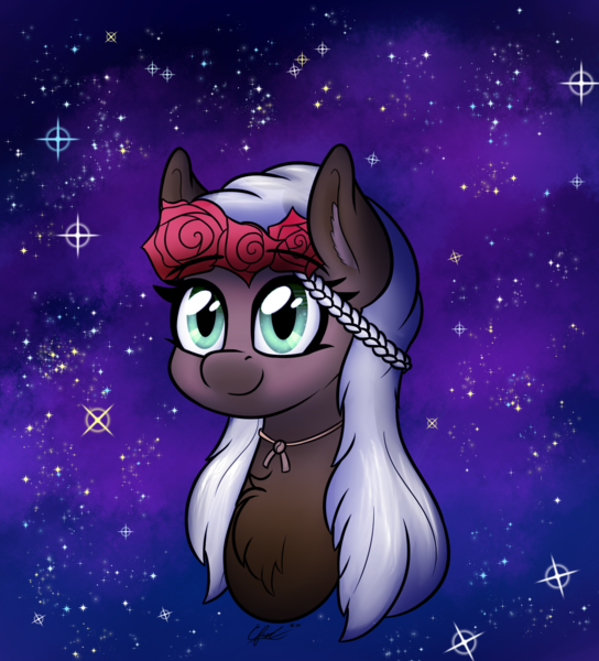 Size: 1488x1640 | Tagged: artist:seafooddinner, commission, cute, derpibooru import, flower, flower in hair, oc, oc:rosalie, pegasus, pegasus oc, safe, stars, wings