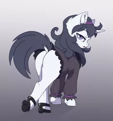 Size: 2410x2587 | Tagged: safe, artist:arctic-fox, derpibooru import, oc, oc:spectra, unofficial characters only, pony, unicorn, butt, clothes, cosplay, costume, dock, dress, female, gradient background, headband, heels on a horse, hex maniac, high heels, lidded eyes, looking back, mare, patreon, patreon reward, plot, pokémon, shoes, solo
