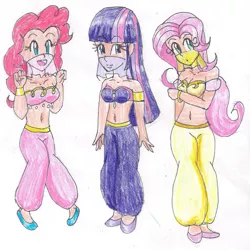 Size: 1622x1621 | Tagged: anime style, armlet, artist:lilacphoenix, belly dancer, belly dancer outfit, bracelet, breasts, cleavage, derpibooru import, eyelashes, fluttershy, fluttershy being fluttershy, harem outfit, human, humanized, jewelry, midriff, pinkie being pinkie, pinkie pie, safe, strapless, twilight sparkle, veil