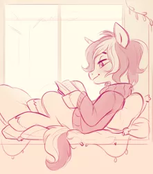 Size: 1176x1328 | Tagged: safe, artist:imalou, derpibooru import, oc, oc:closed book, unofficial characters only, pony, unicorn, /mlp/, 4chan, clothes, cute, drawthread, male, monochrome, not gay, reading, solo, sweater, wholesome, window