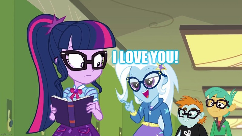 Size: 1280x720 | Tagged: safe, derpibooru import, edit, edited screencap, screencap, sci-twi, snails, snips, trixie, twilight sparkle, best trends forever, equestria girls, equestria girls series, caption, female, i love you, image macro, lesbian, meme, sci-twixie, shipping, text, trixie yells at everything, twixie