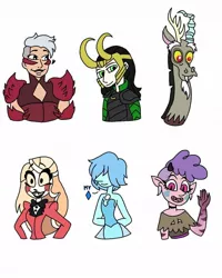 Size: 938x1172 | Tagged: artist:lorelaifanart, blue pearl (steven universe), bust, charlie (hazbin hotel), crossover, derpibooru import, discord, draconequus, female, hazbin hotel, human, loki, male, meteora, meteora butterfly, safe, scorpia, she-ra and the princesses of power, six fanarts, smiling, star vs the forces of evil, steven universe, waving