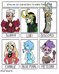 Size: 938x1172 | Tagged: alternate version, artist:lorelaifanart, blue pearl (steven universe), bust, charlie (hazbin hotel), crossover, derpibooru import, discord, draconequus, female, hazbin hotel, human, loki, male, meteora butterfly, safe, scorpia, she-ra and the princesses of power, six fanarts, smiling, star vs the forces of evil, steven universe, waving