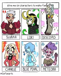 Size: 938x1173 | Tagged: alternate version, artist:lorelaifanart, blue pearl (steven universe), bust, charlie (hazbin hotel), chocolate, chocolate rain, crossover, derpibooru import, discord, draconequus, female, food, hazbin hotel, human, loki, male, meteora butterfly, rain, safe, scorpia, she-ra and the princesses of power, six fanarts, smiling, star vs the forces of evil, steven universe, waving