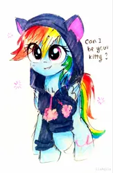 Size: 2263x3475 | Tagged: safe, artist:liaaqila, derpibooru import, rainbow dash, pegasus, pony, cat hoodie, clothes, cute, dashabetes, dialogue, female, hoodie, looking at you, mare, raised hoof, smiling, solo, talking to viewer, traditional art