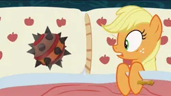 Size: 1280x720 | Tagged: safe, derpibooru import, edit, edited screencap, screencap, applejack, earth pony, pony, 28 pranks later, applejack's bed partner, bed, exploitable meme, female, mare, meme, solo, stickybomb launcher, team fortress 2, this will end in death, this will end in exploding heads, this will end in explosions