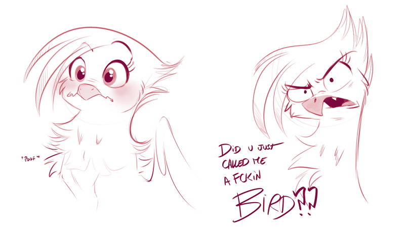 Size: 5115x2976 | Tagged: safe, artist:imalou, derpibooru import, gilda, gryphon, 4chan, angry, birb, blushing, bust, chest fluff, cute, dialogue, drawthread, female, gildadorable, madorable, /mlp/, monochrome, simple background, sketch, solo, swearing, text, vulgar, white background