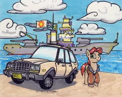 Size: 1024x812 | Tagged: safe, artist:sketchywolf-13, derpibooru import, oc, unofficial characters only, earth pony, pony, amc, amc eagle, beach, car, clothes, cloud, commission, cutie mark, looking at you, male, ocean, sky, solo, stallion, station wagon, traditional art, vehicle, warship