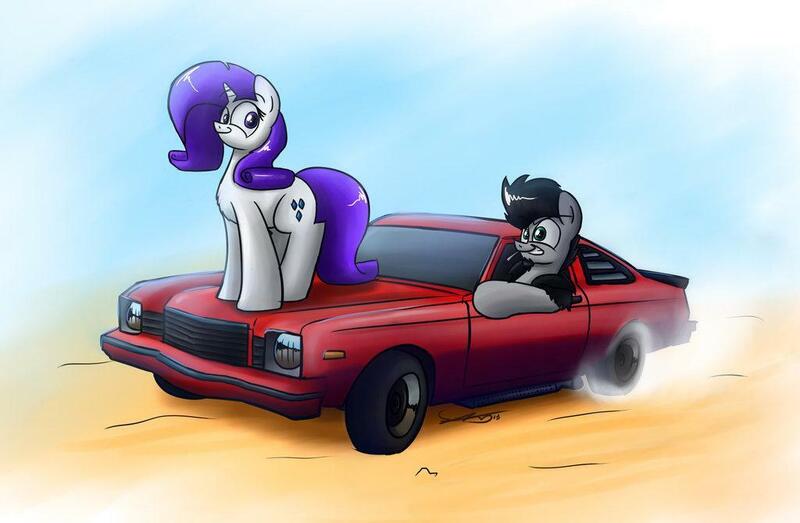 Size: 1024x670 | Tagged: safe, artist:stanwuuz, derpibooru import, rarity, oc, oc:sketchy, earth pony, pony, unicorn, art trade, burnout, canon x oc, car, cutie mark, digital art, dodge (car), dodge aspen, female, horn, male, mare, plymouth, plymouth volare, sky, stallion