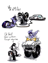 Size: 1024x1356 | Tagged: safe, artist:sketchywolf-13, derpibooru import, twilight sparkle, twilight sparkle (alicorn), oc, oc:sketchy, alicorn, earth pony, pony, abuse, cadillac, car, cigarette, clothes, comic, cutie mark, instant karma, monster, monster truck, simple background, smoking, text, tied up, traditional art, twilybuse, vulgar, white background