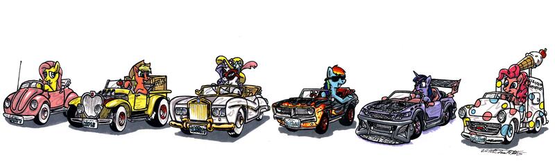 Size: 7016x2080 | Tagged: absurd resolution, applejack, artist:sketchywolf-13, car, convertible, derpibooru import, fluttershy, ford, ford model t, hot rod, ice cream truck, line-up, mane six, nissan gt-r, pinkie pie, plymouth, plymouth barracuda, race, rainbow dash, rarity, rolls-royce, safe, traditional art, twilight sparkle, volkswagen, volkswagen beetle