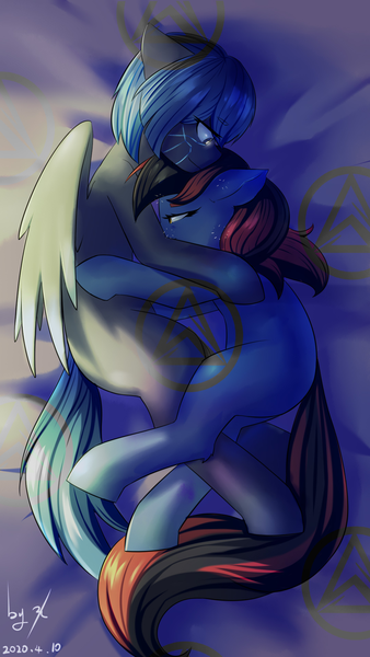 Size: 1080x1920 | Tagged: safe, artist:ninebuttom, derpibooru import, oc, oc:lh, unofficial characters only, earth pony, pegasus, pony, bed, hug