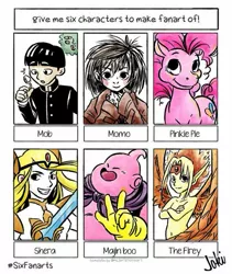 Size: 733x867 | Tagged: safe, artist:jo_jo_joki, derpibooru import, pinkie pie, earth pony, human, pony, six fanarts, :d, clothes, crossed arms, crossover, dragon ball z, female, gloves, grin, majin buu, male, mare, mob psycho 100, momo, peace sign, she-ra and the princesses of power, shigeo kageyama, signature, smiling, sword, weapon
