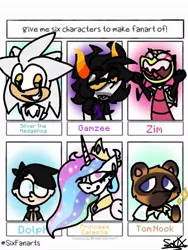 Size: 768x1024 | Tagged: safe, alternate version, artist:sakixdeviantart, derpibooru import, princess celestia, alicorn, pony, raccoon, six fanarts, animal crossing, anthro with ponies, bust, camp camp, clothes, ethereal mane, female, frown, gamzee makara, homestuck, invader zim, jewelry, male, mare, peytral, silver the hedgehog, smiling, sonic the hedgehog (series), starry mane, tiara, tom nook