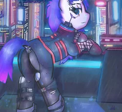 Size: 3792x3471 | Tagged: safe, artist:legionsunite, derpibooru import, oc, oc:magenta pulse, unicorn, butt, city, cityscape, clothes, cyberpunk, jacket, looking at you, looking back, looking back at you, neon, night, plot, rain, ripped pants, scar, solo