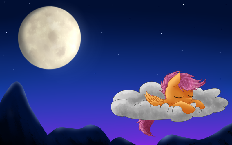 Size: 1920x1200 | Tagged: safe, artist:yourfavoritelove, derpibooru import, scootaloo, pegasus, pony, cloud, cute, cutealoo, female, filly, full moon, moon, mountain, mountain range, night, on a cloud, prone, sleeping, solo, stars