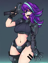 Size: 916x1200 | Tagged: artist:ciderpunk, belly button, breasts, cyberpunk, derpibooru import, female, gun, human, humanized, looking at you, midriff, solo, starlight glimmer, suggestive, weapon