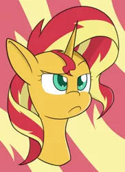 Size: 2138x2933 | Tagged: safe, artist:kaukanghong, derpibooru import, sunset shimmer, unicorn, abstract background, bust, digital art, female, mare, portrait, raised eyebrow, sunset shimmer is not amused, unamused