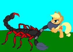 Size: 511x366 | Tagged: safe, artist:avispaneitor, derpibooru import, applejack, earth pony, pony, beast wars, crossover, duo, female, fight, imminent decapitation, mare, predacon, scorponok, this will end in death, transformers