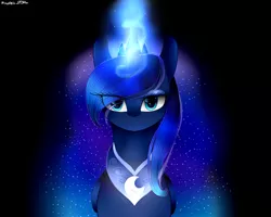 Size: 1500x1200 | Tagged: safe, artist:purediamond360, derpibooru import, princess luna, alicorn, pony, black background, bust, cute, ethereal mane, eye clipping through hair, female, glowing horn, horn, looking at you, lunabetes, mare, simple background, solo, starry mane