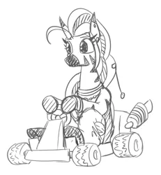 Size: 464x502 | Tagged: artist:jargon scott, derpibooru import, female, go kart, grayscale, mare, monochrome, oc, oc:matriarch zeg'us, safe, simple background, sketch, solo, unofficial characters only, white background, zebra, zebra oc