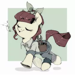 Size: 2381x2381 | Tagged: safe, artist:crossicatrix, derpibooru import, torque wrench, earth pony, pony, rainbow roadtrip, clothes, cute, desaturated, eyes closed, female, mare, overalls, solo, tools, whistling