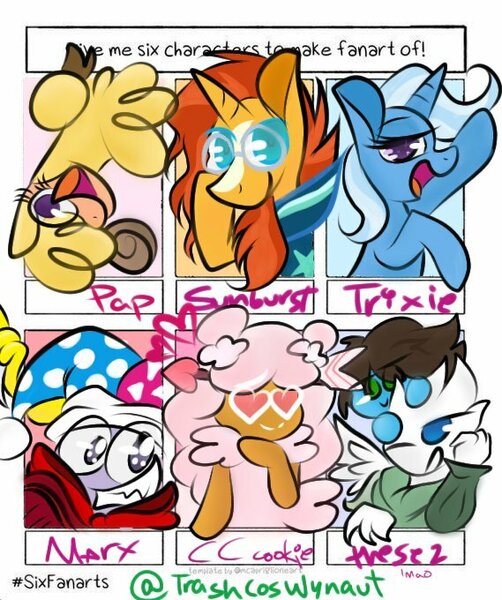 Size: 569x680 | Tagged: safe, artist:trashcoswynaut, derpibooru import, paprika paca, sunburst, trixie, alpaca, pony, unicorn, six fanarts, them's fightin' herds, bust, community related, crossover, female, glasses, grin, hat, heart eyes, male, mare, marx, open mouth, smiling, stallion, upside down, wingding eyes