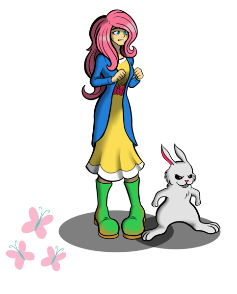 Size: 2532x3147 | Tagged: angel bunny, artist:theomegas2, boots, clothes, derpibooru import, dress, fluttershy, human, humanized, safe, shoes, simple background, transparent background