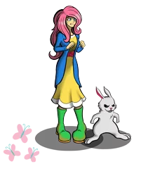 Size: 2532x3147 | Tagged: angel bunny, artist:theomegas2, boots, clothes, derpibooru import, dress, fluttershy, human, humanized, safe, shoes, simple background, transparent background