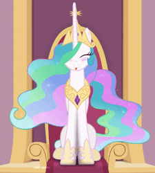 Size: 600x668 | Tagged: safe, artist:bastbrushie, derpibooru import, part of a set, princess celestia, alicorn, pony, :3, animated, bastbrushie is trying to kill us, blushing, canterlot, castle, cute, cutelestia, daaaaaaaaaaaw, eyes closed, full face view, gif, happy, hnnng, horn, house, room, sillestia, silly, silly pony, sitting, solo, tail, text, throne, tongue out, weapons-grade cute