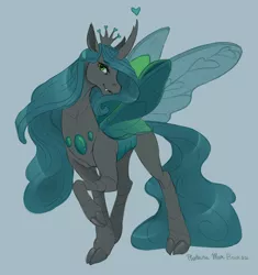 Size: 1966x2089 | Tagged: artist:phathusa, changedling, changeling, changeling queen, cloven hooves, crown, dark changedling, derpibooru import, fangs, female, green background, green eyes, heart, insect wings, jewelry, purified chrysalis, queen chrysalis, reformed, regalia, safe, simple background, solo, wings
