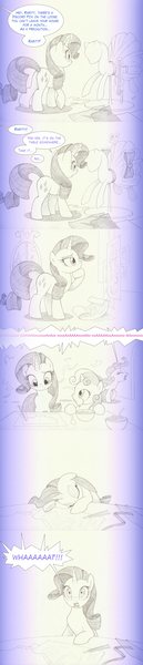 Size: 1052x4912 | Tagged: safe, artist:sherwoodwhisper, derpibooru import, part of a set, pinkie pie, rarity, sweetie belle, earth pony, pony, unicorn, comic, coronavirus, covid-19, delayed reaction, eating, female, filly, food, gradient background, mare, sleeping, stay at home