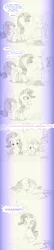 Size: 1052x4912 | Tagged: safe, artist:sherwoodwhisper, derpibooru import, part of a set, pinkie pie, rarity, sweetie belle, earth pony, pony, unicorn, comic, coronavirus, covid-19, delayed reaction, eating, female, filly, food, gradient background, mare, sleeping, stay at home