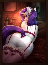 Size: 1920x2622 | Tagged: suggestive, artist:longinius, artist:vest, color edit, derpibooru import, edit, rarity, anthro, unicorn, alcohol, ass, bra, butt, clothes, colored, dock, ear piercing, earring, female, flower, garter belt, garters, glass, horn, horn jewelry, jewelry, lidded eyes, lingerie, looking at you, looking back, looking back at you, looking over shoulder, mare, panties, piercing, rear view, rearity, red underwear, smiling, socks, solo, solo female, stockings, the ass was fat, thigh highs, thong, underwear, wine, wine bottle, wine glass