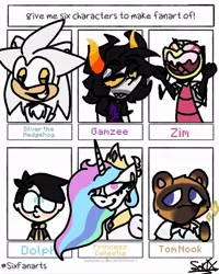 Size: 768x960 | Tagged: safe, alternate version, artist:sakixdeviantart, derpibooru import, princess celestia, alicorn, pony, raccoon, six fanarts, animal crossing, anthro with ponies, bust, camp camp, clothes, ethereal mane, female, frown, gamzee makara, homestuck, invader zim, jewelry, male, mare, peytral, silver the hedgehog, smiling, sonic the hedgehog (series), tiara, tom nook