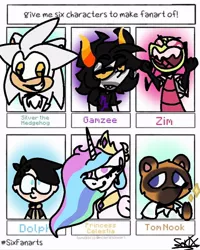 Size: 768x960 | Tagged: safe, alternate version, artist:sakixdeviantart, derpibooru import, princess celestia, alicorn, pony, raccoon, six fanarts, animal crossing, anthro with ponies, bust, camp camp, clothes, ethereal mane, female, frown, gamzee makara, homestuck, invader zim, jewelry, male, mare, peytral, silver the hedgehog, smiling, sonic the hedgehog (series), tiara, tom nook