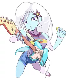 Size: 1129x1330 | Tagged: safe, artist:ceitama, derpibooru import, trixie, equestria girls, camp everfree outfits, electric guitar, guitar, guitar pick, musical instrument, solo, stratocaster