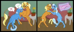 Size: 2408x1069 | Tagged: safe, artist:foxytthepiratefoxgir, derpibooru import, sunflower spectacle, trixie, pony, unicorn, 2 panel comic, acceptance, bipedal, comic, couch, curved horn, cute, dirt, eyes closed, female, flower, glowing horn, headcanon, horn, hug, leonine tail, levitation, lgbt headcanon, magic, male, mare, mother and child, mother and daughter, pot, pride, pride flag, raised hoof, stallion, telekinesis, trans girl, transgender, transgender pride flag