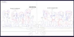 Size: 12000x6000 | Tagged: safe, artist:chedx, author:bigonionbean, derpibooru import, cookie crumbles, firelight, hondo flanks, mane allgood, snap shutter, stellar flare, stormy flare, wind rider, earth pony, pegasus, pony, unicorn, comic:the other grandparents, carousel boutique, clothes, comic, commissioner:bigonionbean, cookie, dessert, dialogue, eating, female, food, fusion:princess mythic majestic, horn, levitation, magic, mare, pastries, sketch, sketch dump, telekinesis, trays, wings