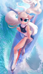 Size: 1200x2026 | Tagged: suggestive, artist:jumperkit, derpibooru import, oc, oc:elizabeth, unofficial characters only, anthro, pony, unguligrade anthro, anthro oc, bikini, breasts, clothes, commission, erect nipples, female, mare, midriff, nipple outline, pale belly, solo, solo female, surfboard, surfing, swimsuit, wave