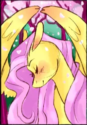 Size: 430x615 | Tagged: safe, alternate version, artist:silenceartist, artist:triscuit-cafe, derpibooru import, fluttershy, pegasus, pony, blushing, bust, eyes closed, female, floppy ears, flower, flower blossom, mare, outdoors, portrait, profile, smiling, solo, spread wings, tree, wings