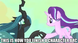 Size: 1280x707 | Tagged: safe, derpibooru import, edit, edited screencap, screencap, queen chrysalis, starlight glimmer, changeling, changeling queen, pony, unicorn, to where and back again, a better ending for chrysalis, acceptance, adorkable, alternate ending, alternate scenario, alternate universe, anxiety, apology, awkward, breakdown, caption, character development, colored, cute, cutealis, defeated, dork, dorkalis, duo, fear, female, frown, good end, happy, image macro, mare, meme, meta, nervous, precious, redemption, reformed, regret, sad, sadorable, scene interpretation, silly, silly pony, smiling, sorry, text, unsure, what if